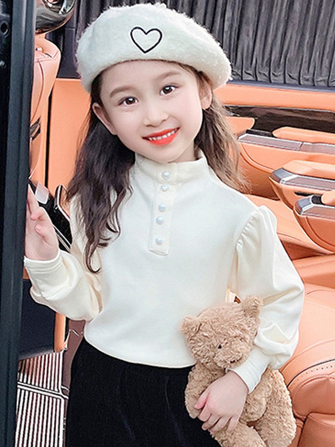 

LULU & SKY Mandarin Collar Puff Sleeve Cotton Top, Off white