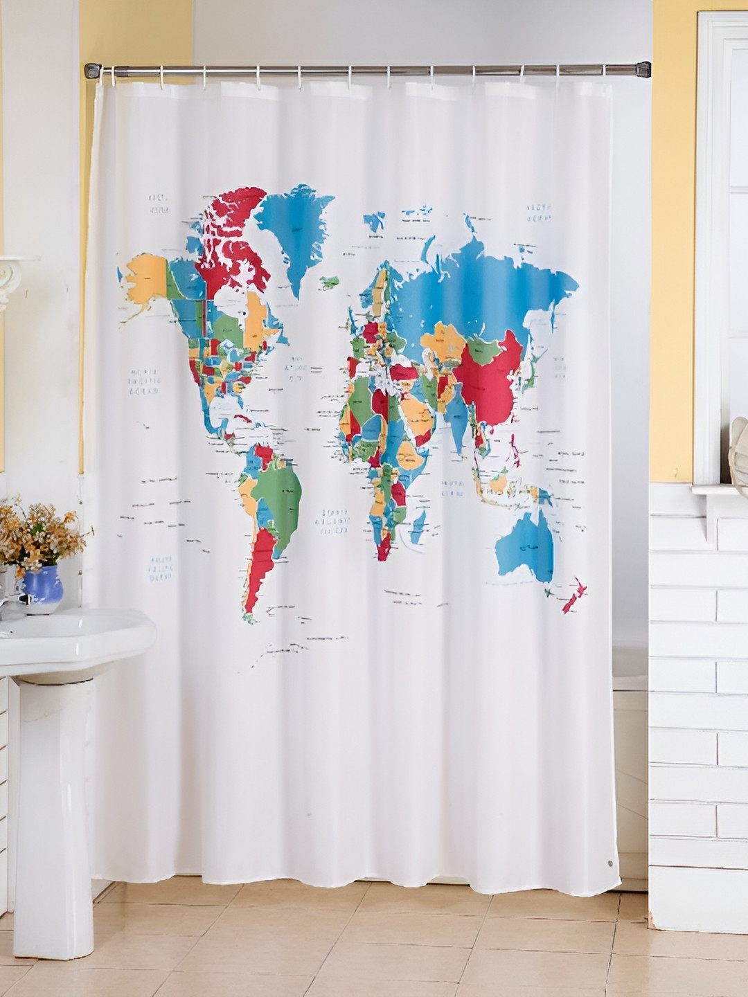 

Lushomes White & Blue Map Printed Waterproof Shower Curtain With Hooks