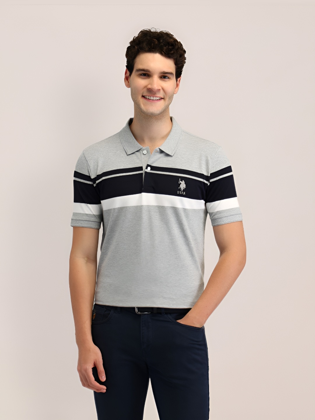 

U.S. Polo Assn. Men Brand Logo Striped Polo Collar Slim Fit T-shirt, Grey