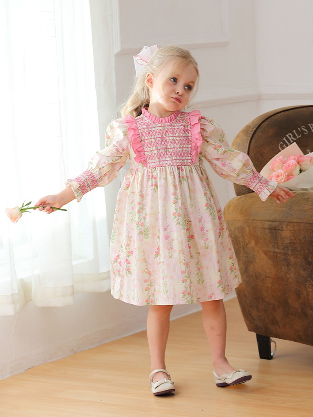 

LULU & SKY Girls Cotton Floral Printed A-Line Dress, Beige
