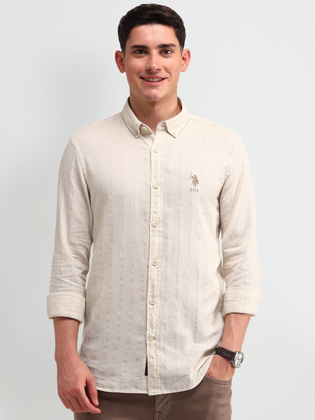 

U.S. Polo Assn. Denim Co. Men Smart Slim Fit Opaque Striped Casual Shirt, Beige
