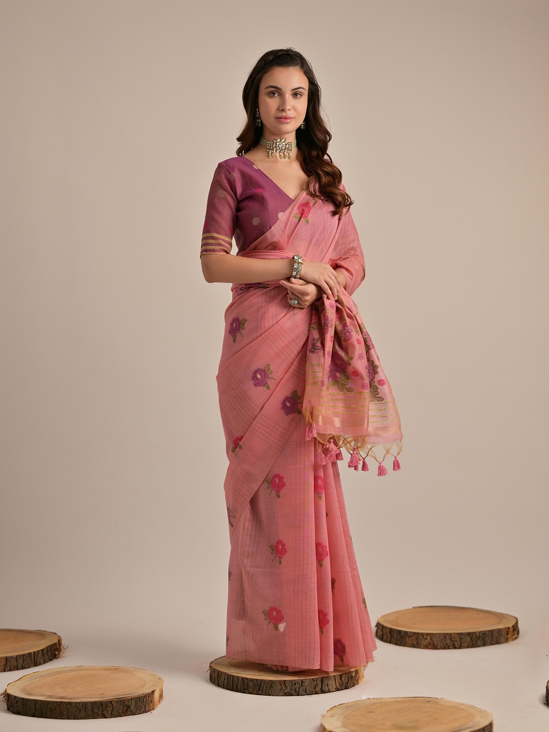 

Jinal & Jinal Floral Handloom Muga Saree, Pink