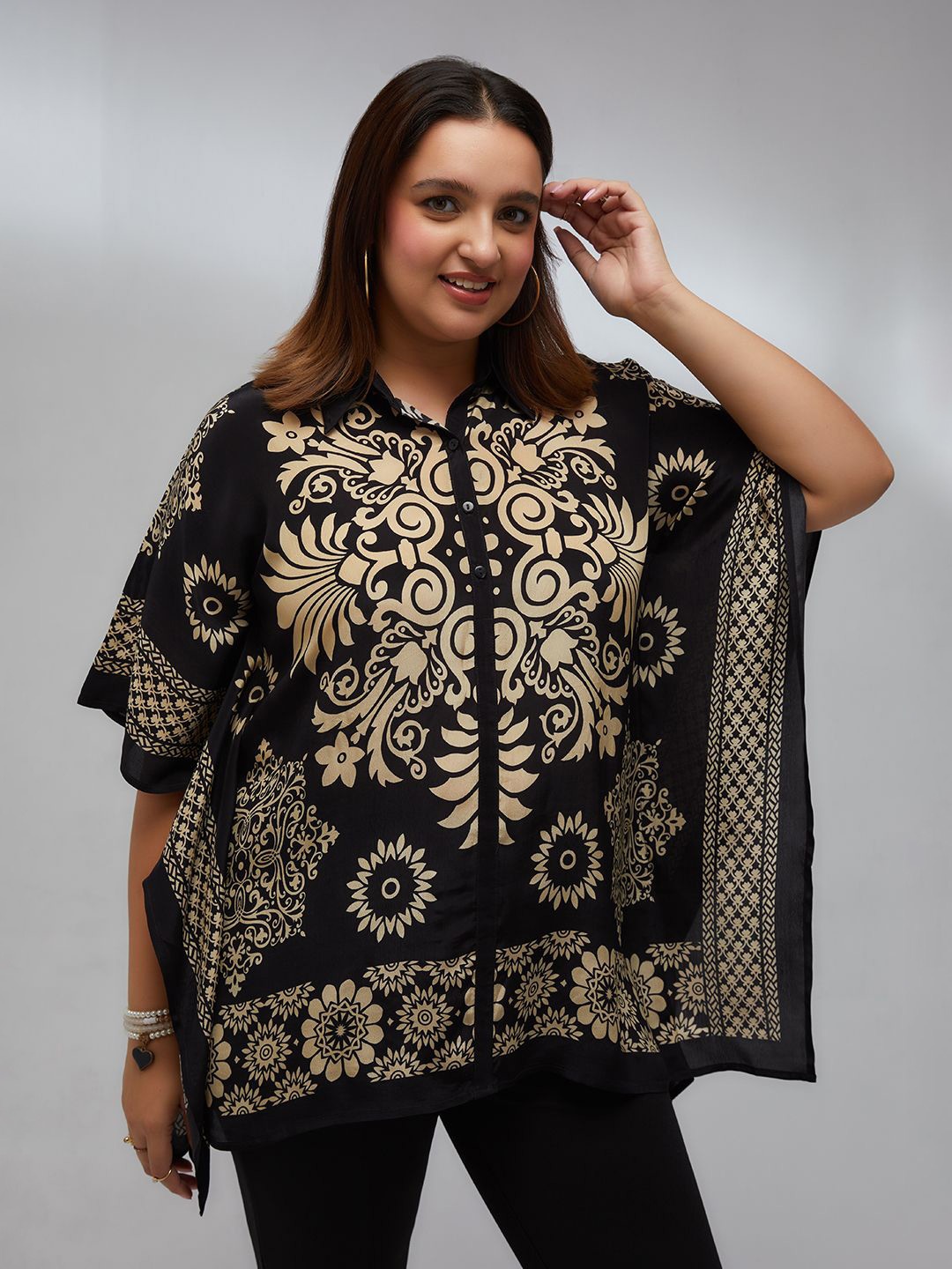 

Presence Women Floral Print Kimono Sleeve Kaftan Top, Black