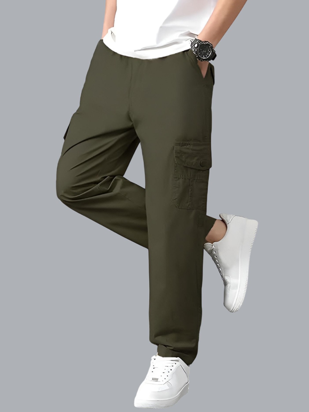 

Trillmixa Men Relaxed Loose Fit High-Rise Cargo Styles Joggers Trousers, Olive