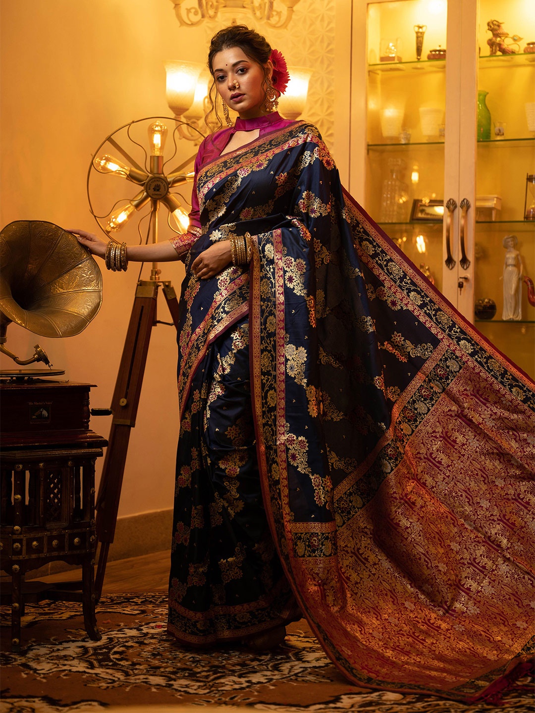 

Jinal & Jinal Woven Design Zari Pure Silk Banarasi Saree, Navy blue