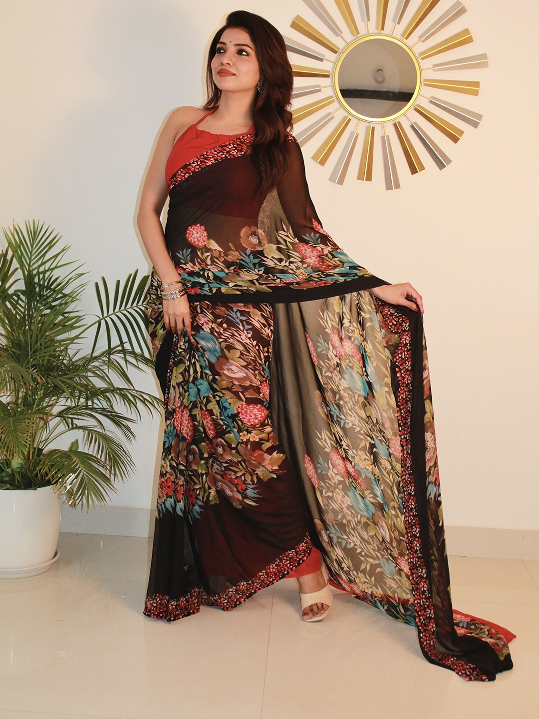 

Sanwariya Silk Floral Pure Georgette Bagh Saree, Red