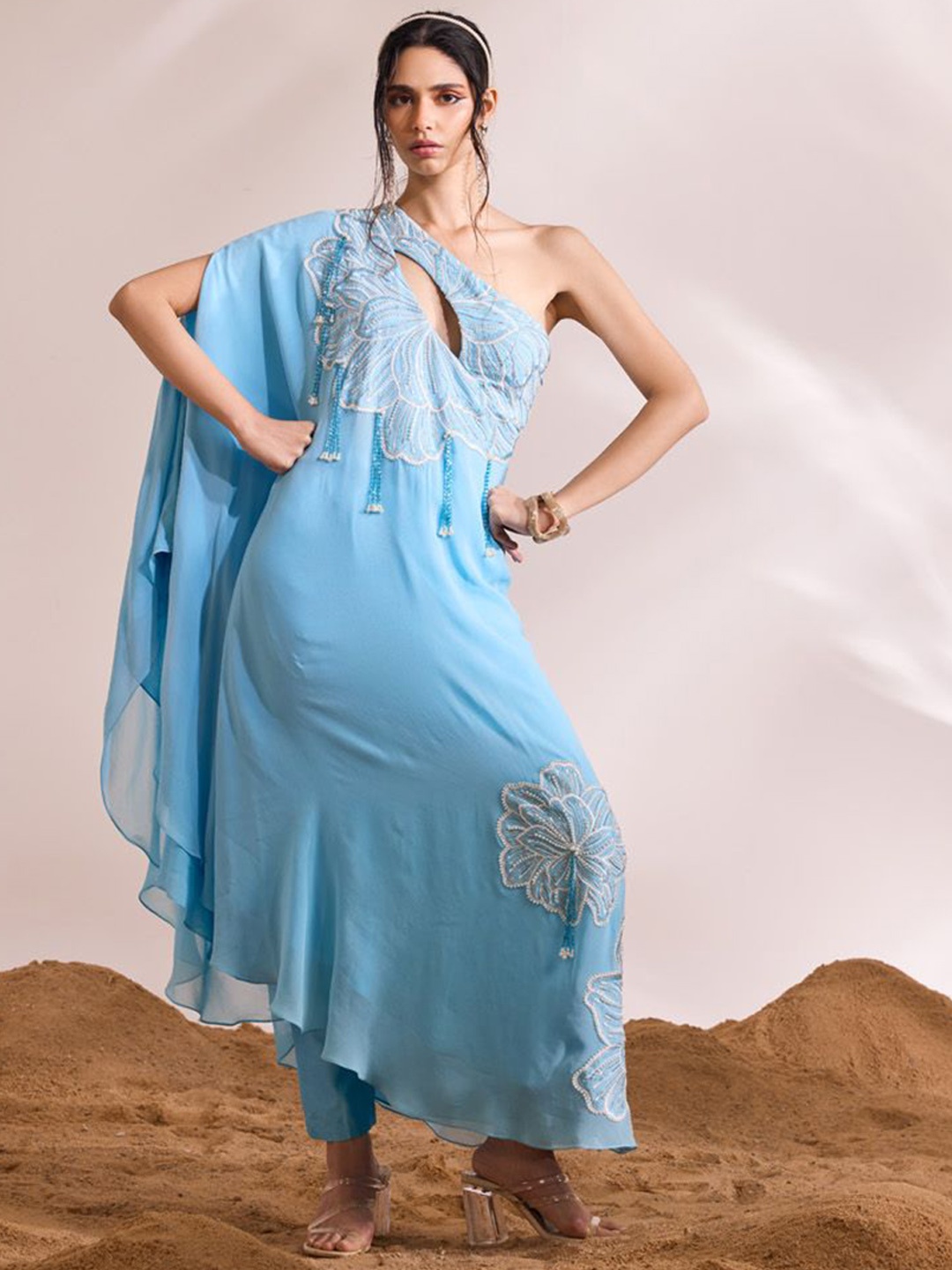 

DIVYA AGGARWAL One Shoulder Embroidered Tunic with Trouser, Blue
