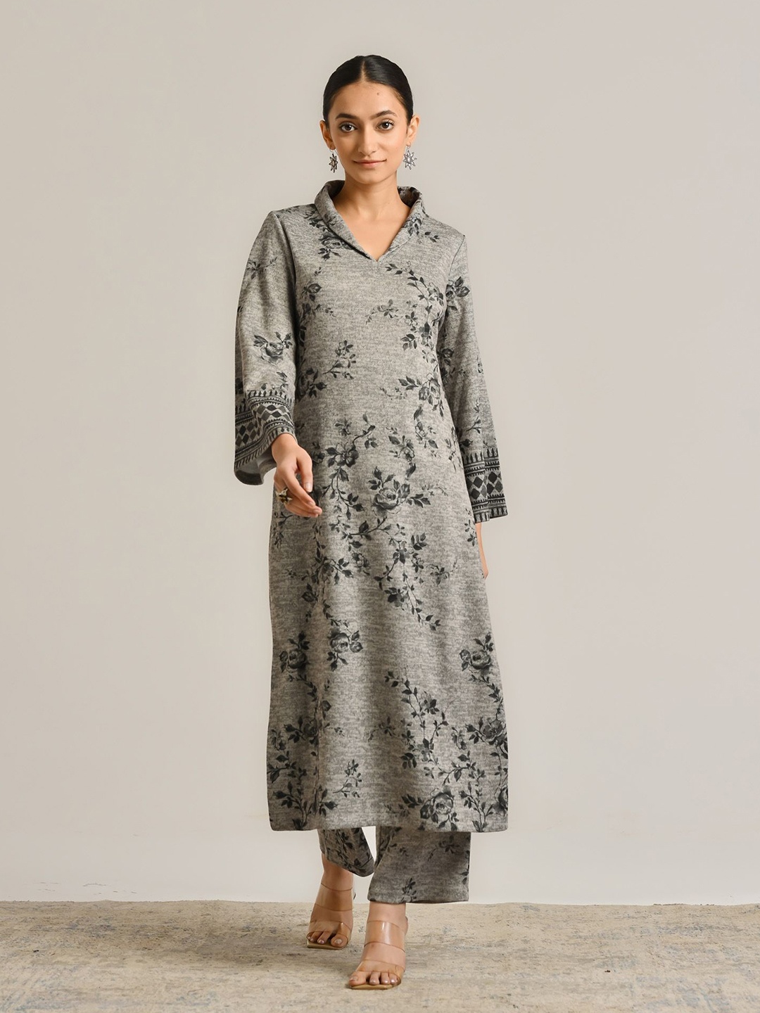 

Rustorange Floral Printed A Line Kurta with Salwar, Grey