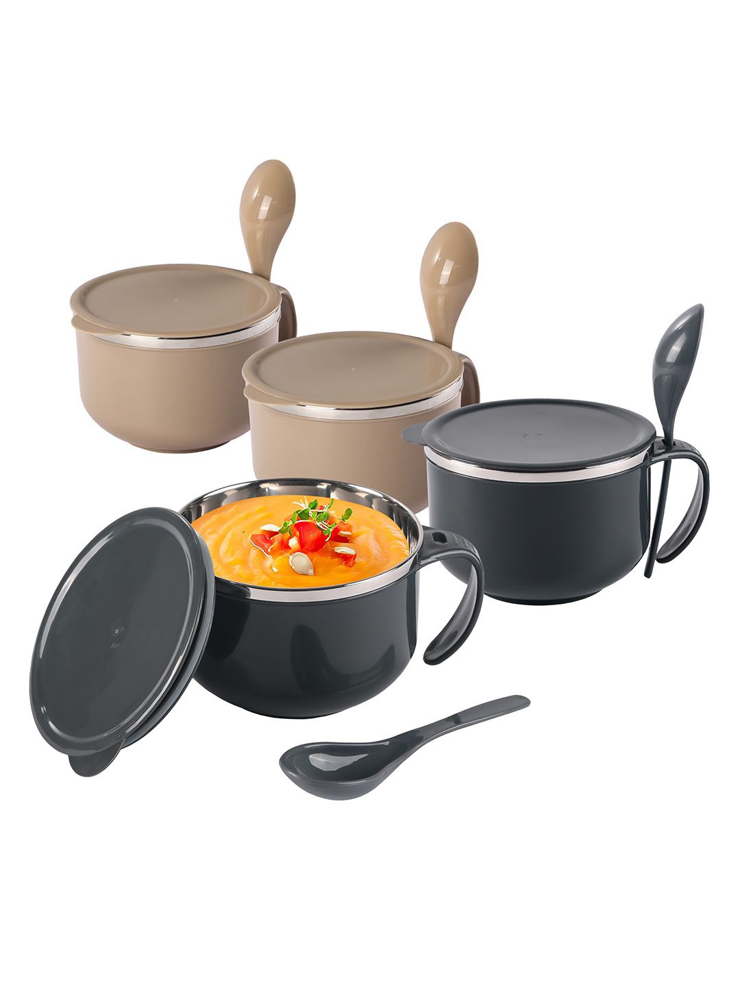 

Kuber Industries Grey & Brown 4 Pieces Soup Bowl with Spoon & Holder 600 ml