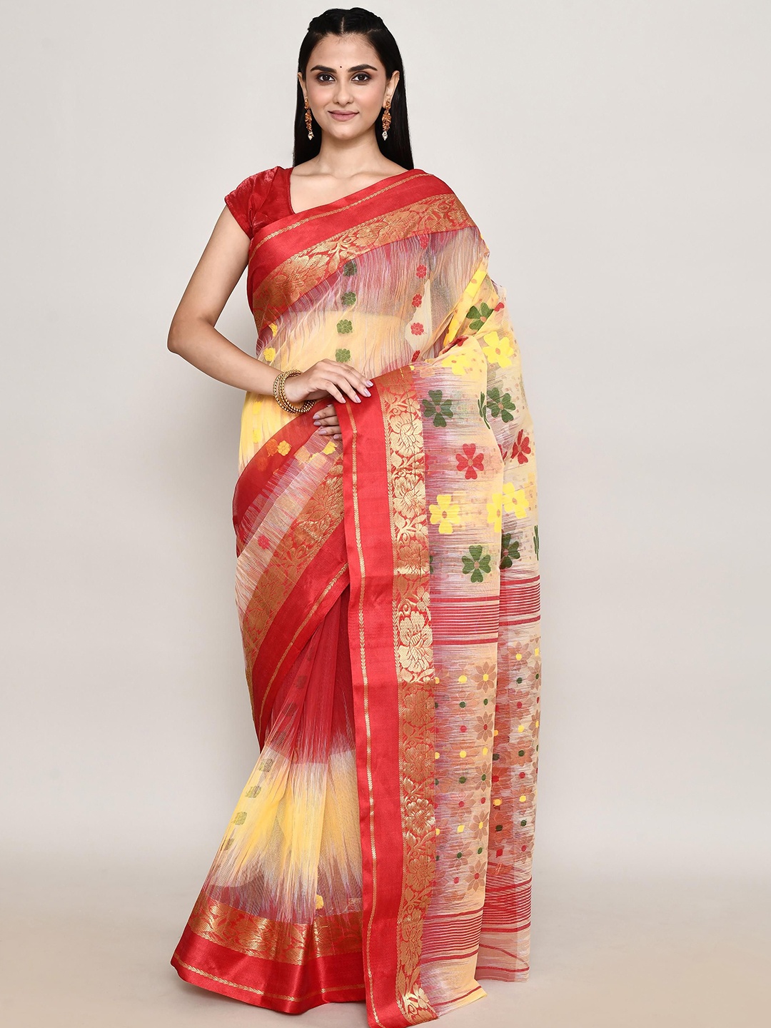 

PUKU Woven Design Taant Saree, Red