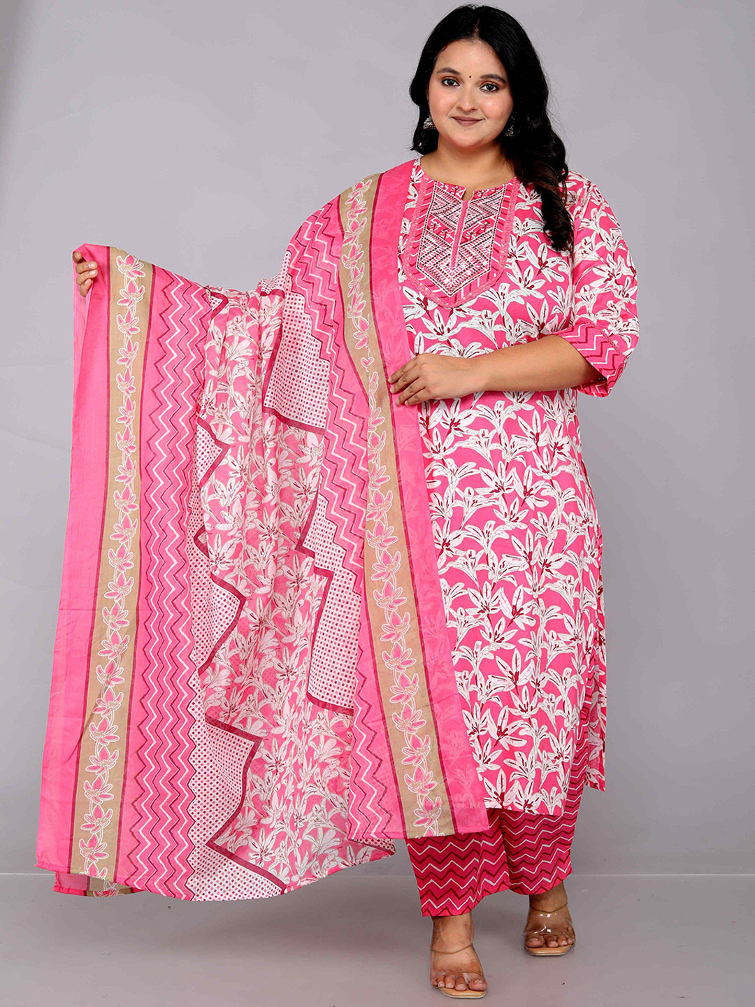 

KALINI Floral Printed Thread Work Pure Cotton Straight Kurta with Trouser & Dupatta, Pink