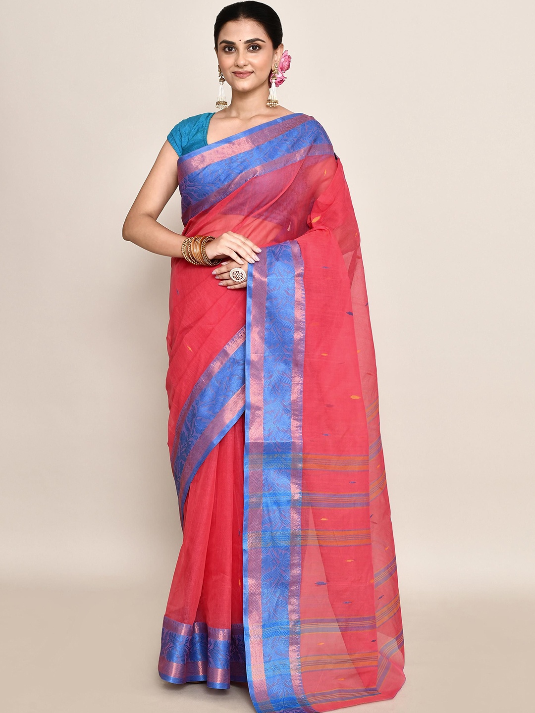 

PUKU Ethnic Motifs Woven Design Pure Cotton Taant Saree, Coral