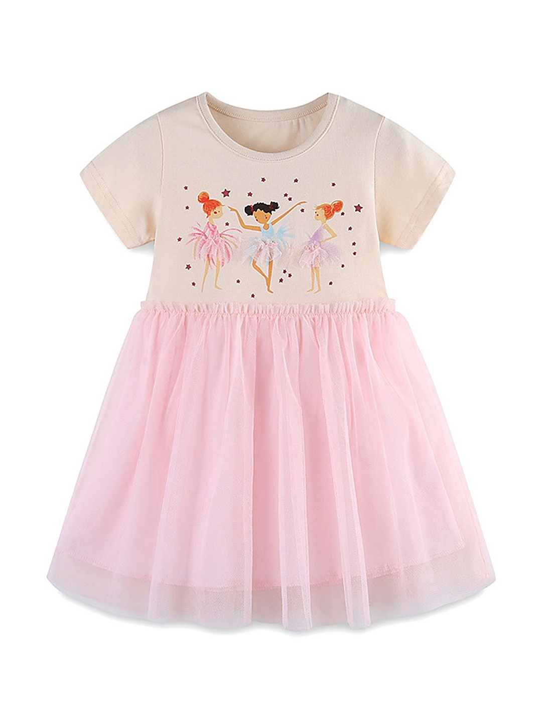 

LULU & SKY Girls Graphic Tulle Organic Cotton Gathered Fit & Flare Dress, Pink