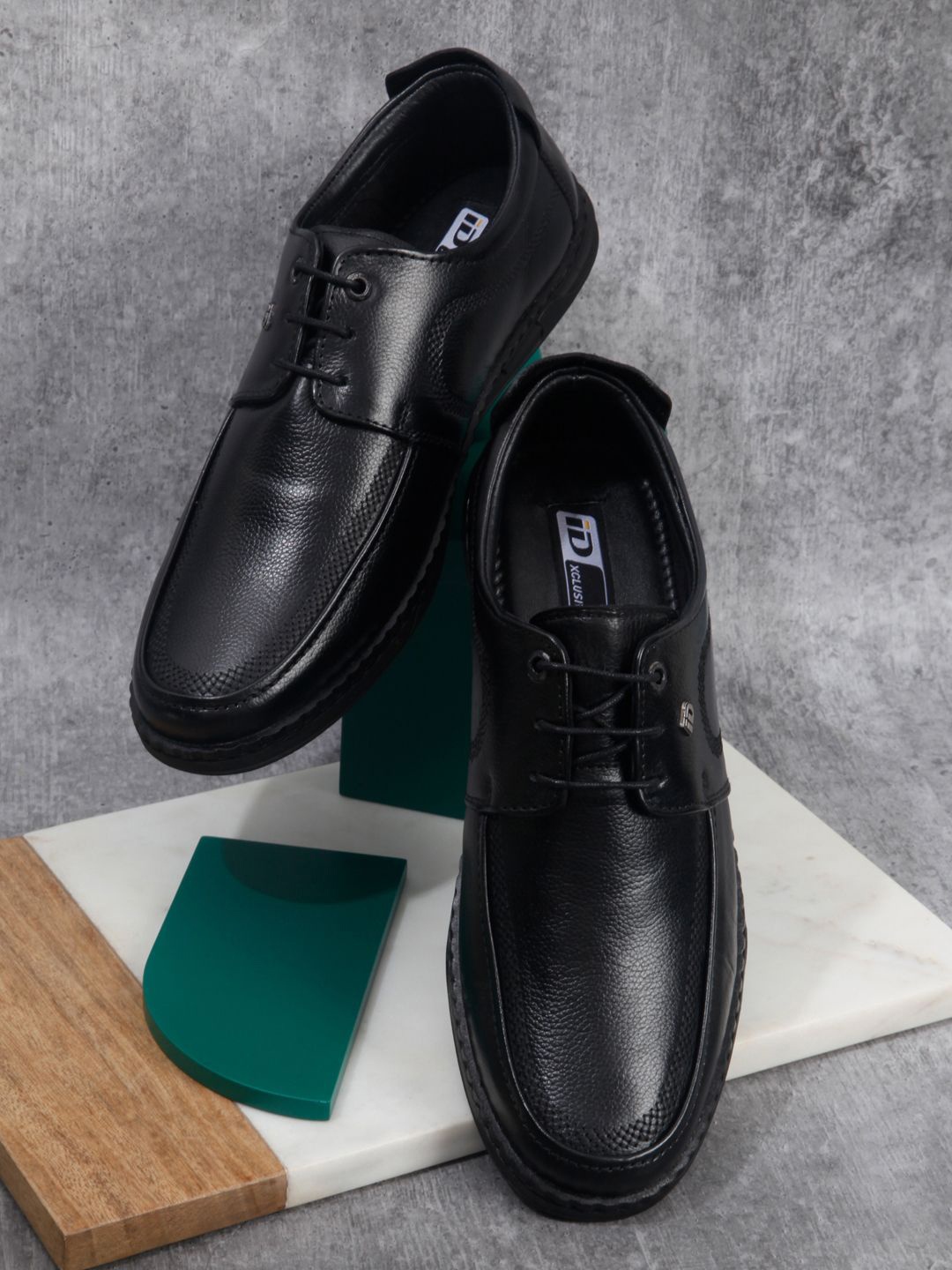 

ID Men Leather Round Toe Lace Up Derbys, Black