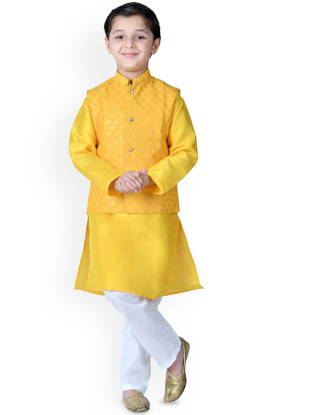 

itsmycostume Boys Mandarin Collar Pure Cotton Straight Kurta With Trouser & Nehru Jacket, Yellow