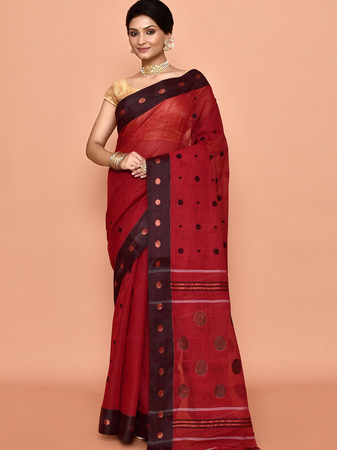 

PUKU Ethnic Motifs Patchwork Pure Cotton Handloom Taant Saree, Maroon