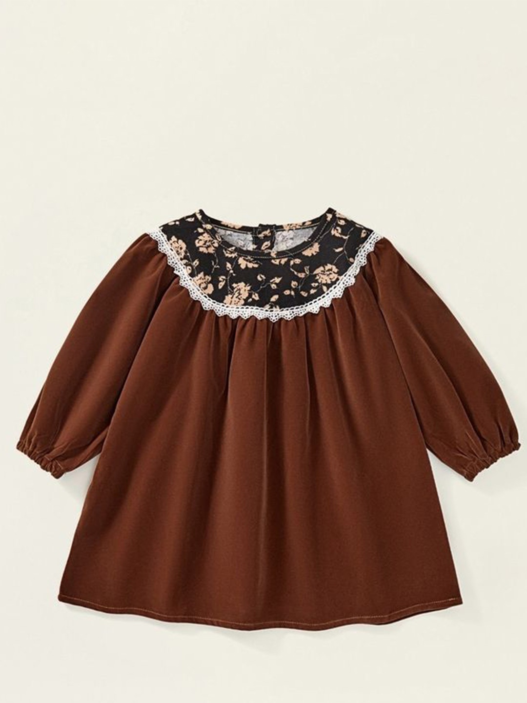 

LULU & SKY Girls Printed Round Neck Long Sleeves Lace Inserts A-Line Dress, Brown