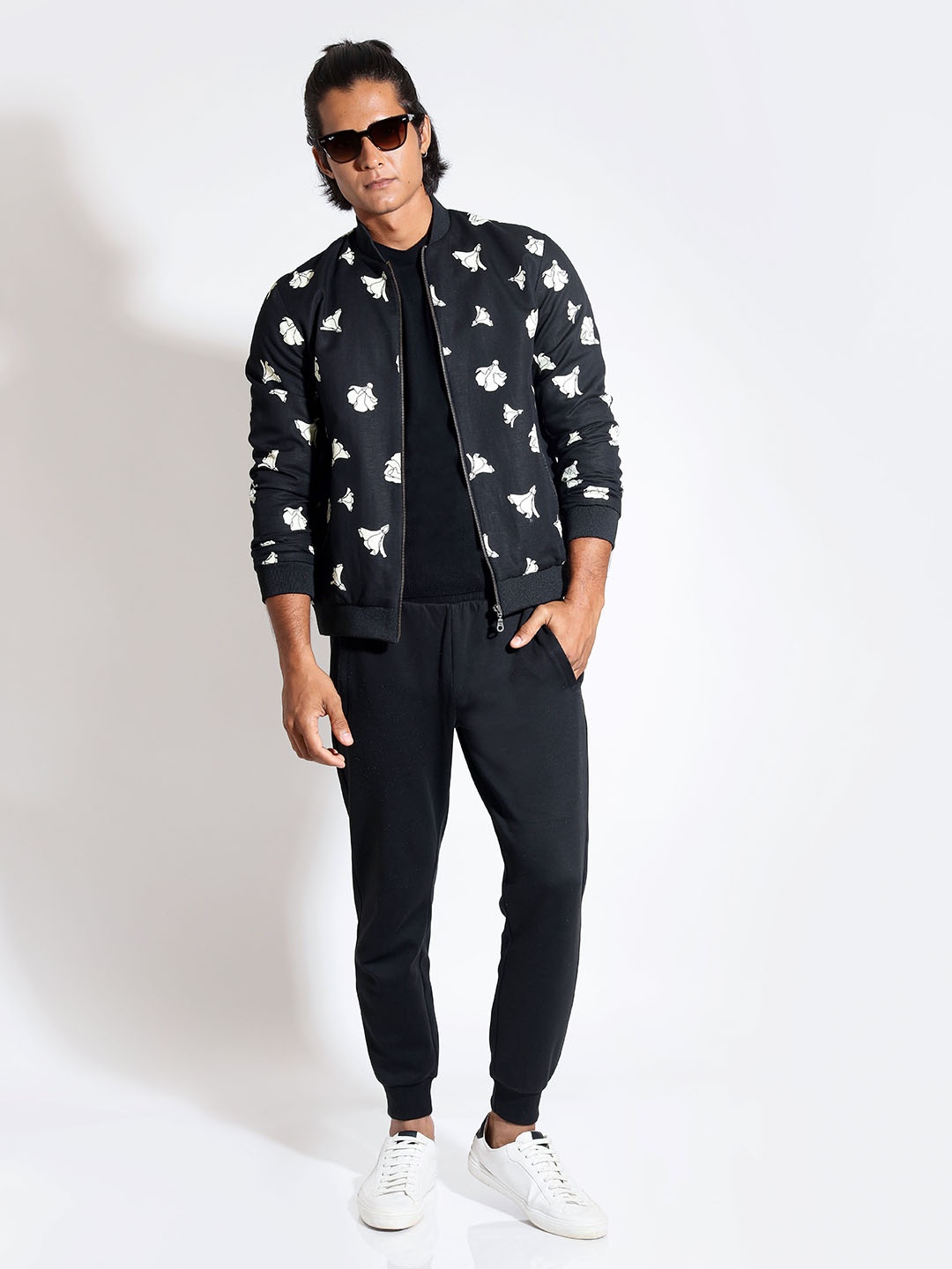 

VIVEK KARUNAKARAN Men Stand Collar Conversational Printed Casual Bomber Jacket, Black