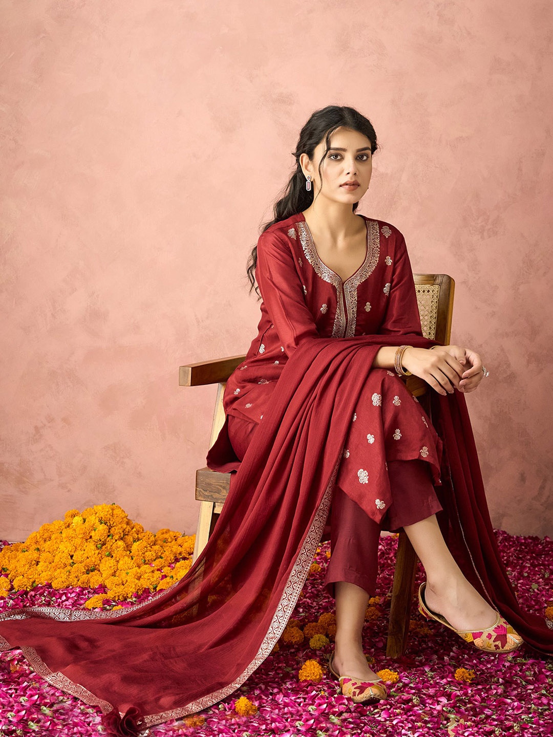 

HRITIKA Women Regular Pure Silk Kurta with Trousers & With Dupatta, Maroon