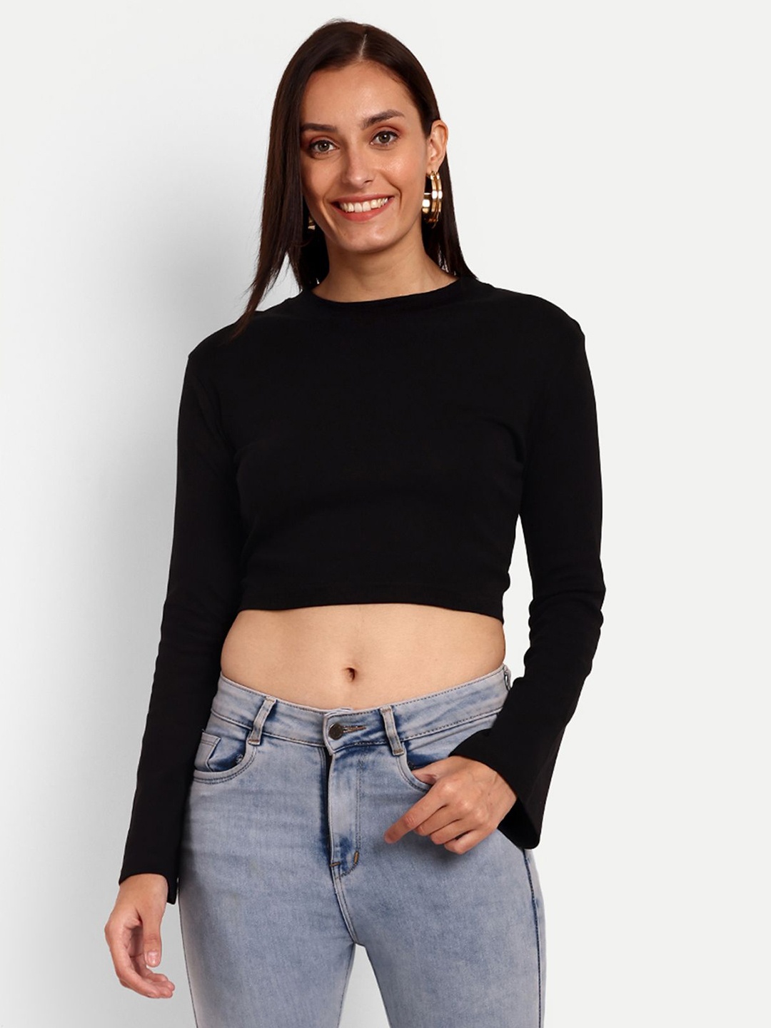 

Espresso Women Bell Sleeve Crop Top, Black