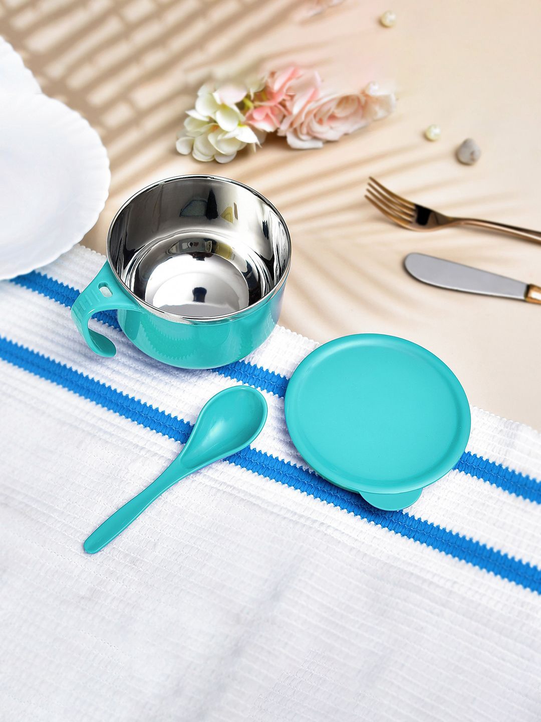 

Kuber Industries Blue 2 Pieces Stainless Steel Soup Bowls & Spoon & Holder 600 ml Each