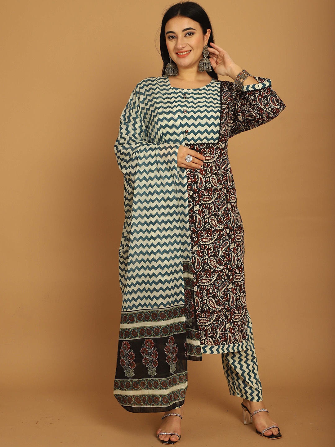 

Roly Poly Women Floral Printed Regular Pure Cotton Kurta with Trousers & With Dupatta, Brown