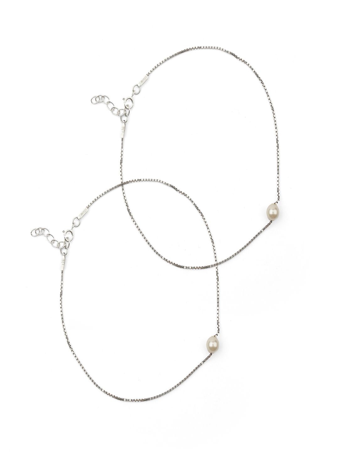 

Paavni Set of 2 Rhodium-Plated 92.5 Sterling Silver Pearls Beaded Anklets