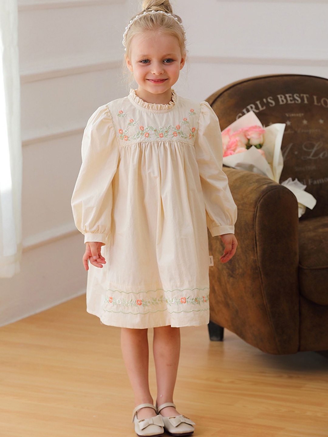 

LULU & SKY Girls Cotton Floral Embroidered A-Line Dress, Beige