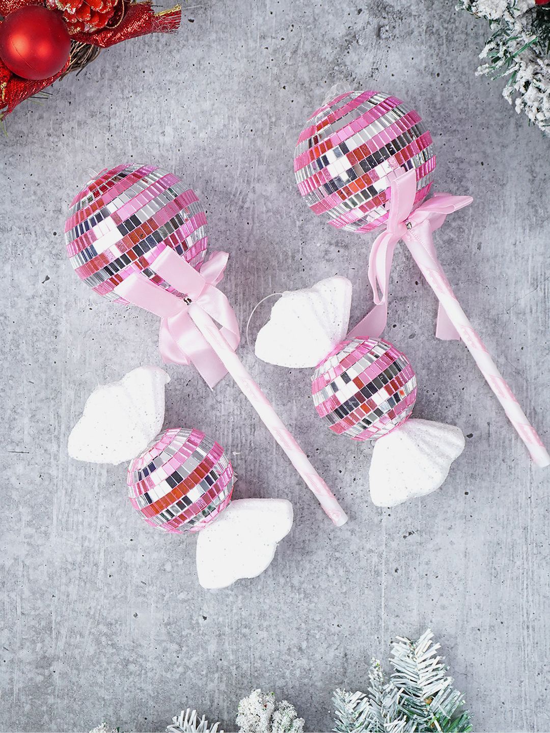 

Little Surprise Box LLP 4Pcs Pink Shiny Disco Themed Christmas Tree Ornaments