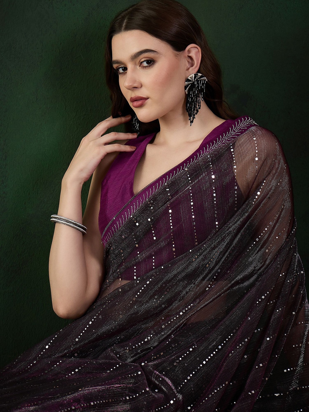 

Sangria Mysore Silk Embellished Saree With Blouse Piece, Purple