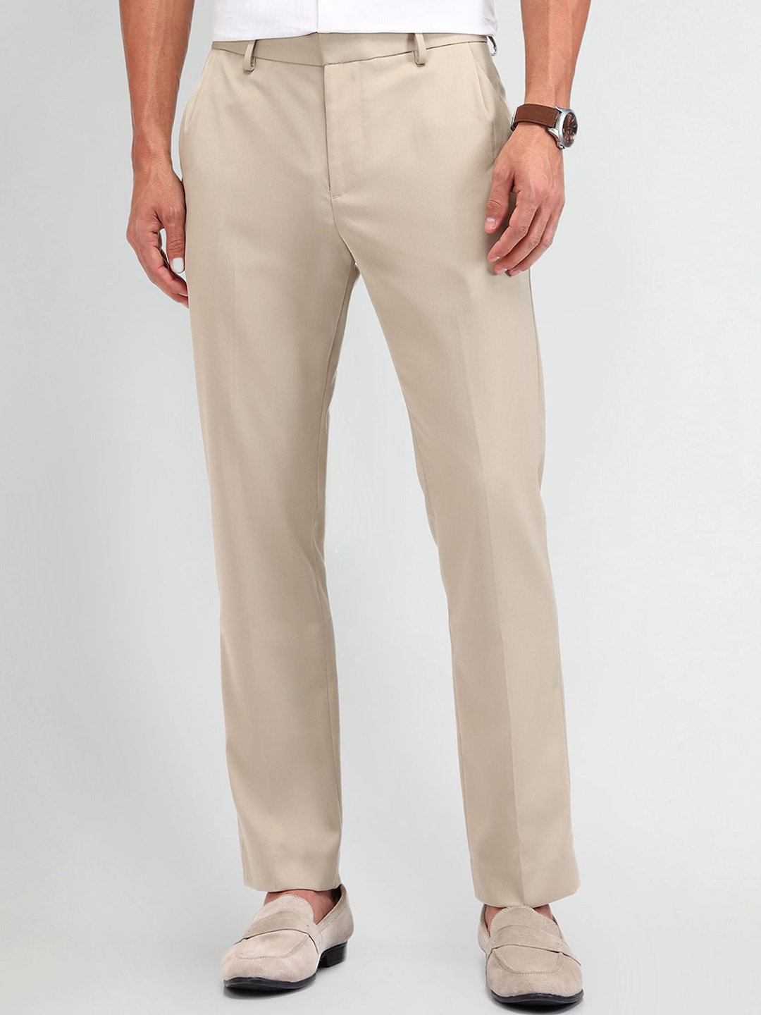 

Arrow New York Men Comfort Mid-Rise Straight Fit Trousers, Brown