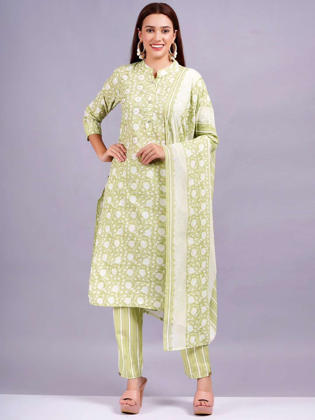 

KALINI Mandarin Collar Floral Printed Sequinned Pure Cotton Kurta with Trouser & Dupatta, Green