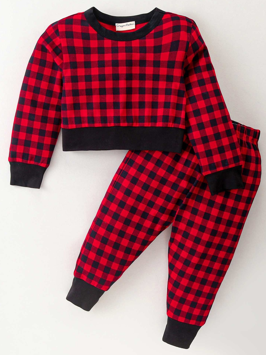 

CrayonFlakes Girls Checked Long Sleeves Sweatshirt with Joggers, Red