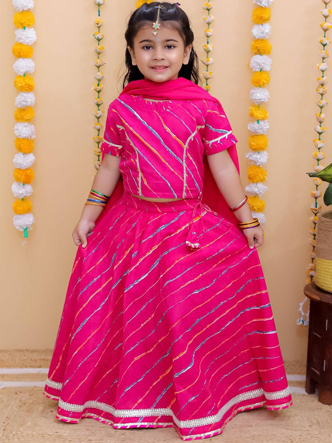 

UNBIND Girls Striped Gotta Patti Cotton Ready to Wear Lehenga & Blouse With Dupatta, Pink