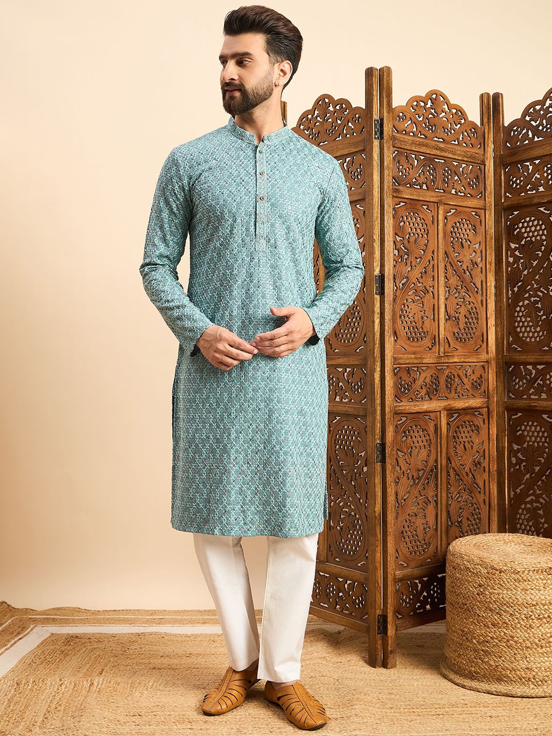 

House of Pataudi Embroidered Straight Kurta, Green