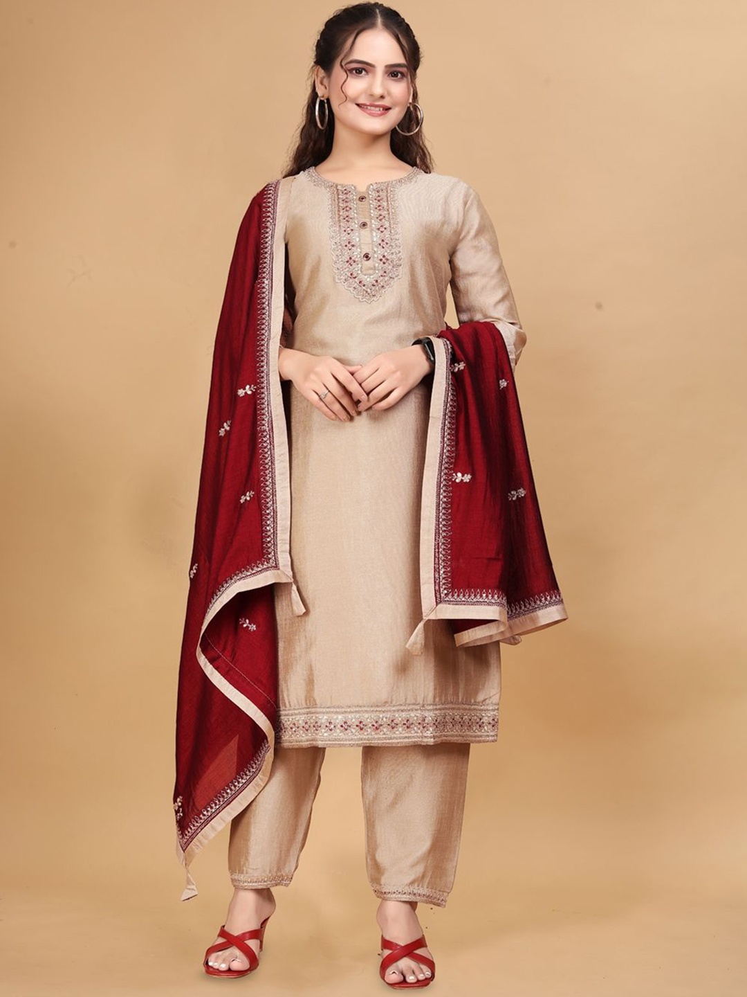 

KALINI Floral Embroidered Sequinned Straight Kurta With Trousers & Dupatta, Cream