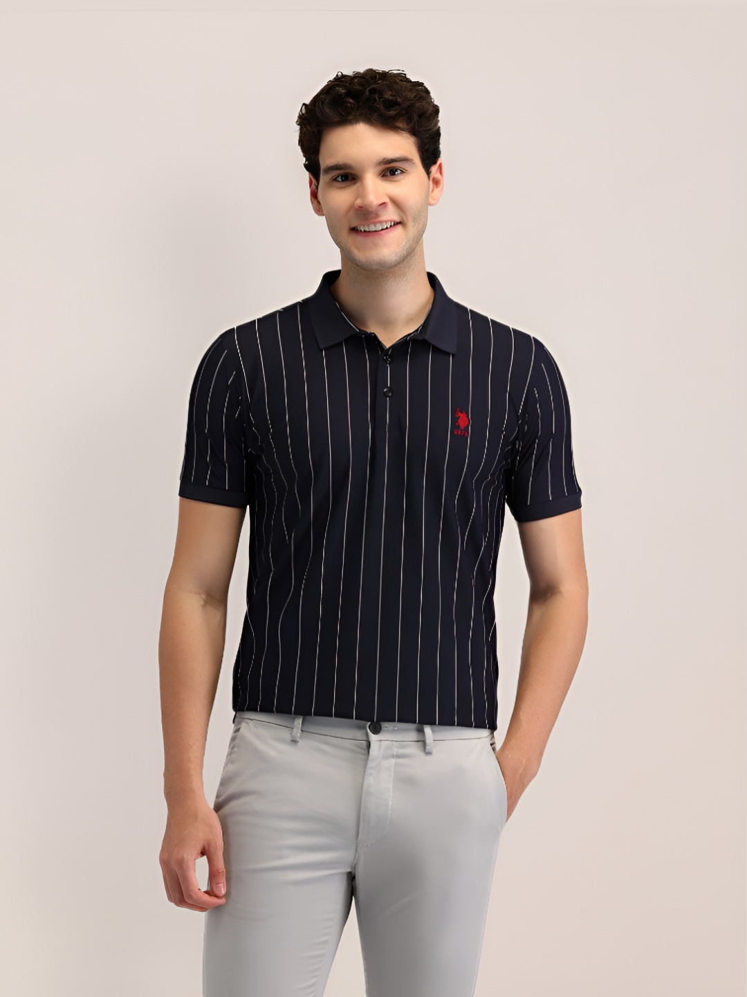 

U.S. Polo Assn. Men Brand Logo Striped Polo Collar Slim Fit T-shirt, Blue