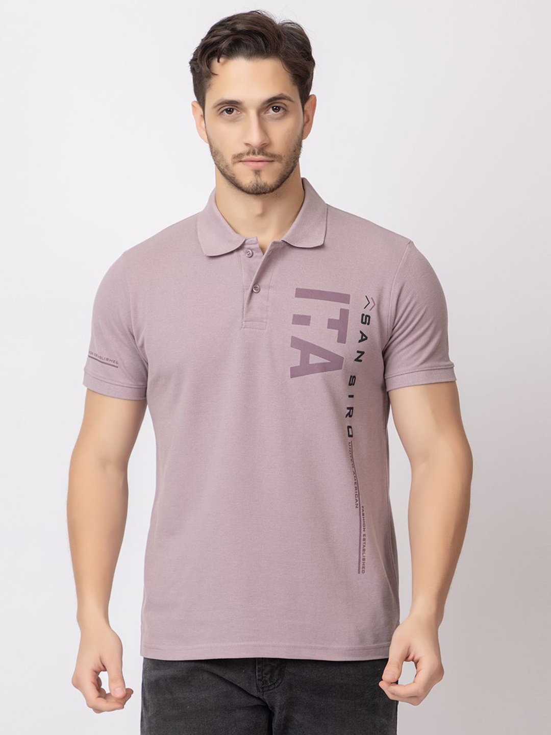 

ARIIX Men Typography Printed Polo Collar Cotton T-shirt, Purple