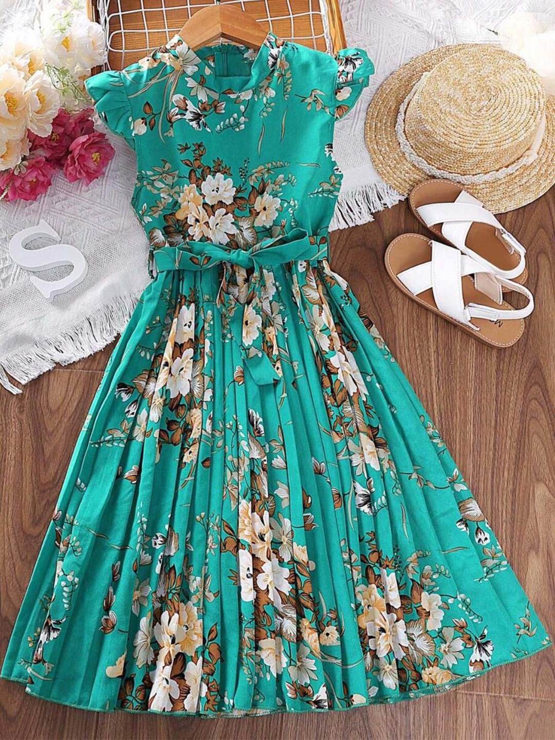 

Miss & Chief Girls Floral Printed Fit & Flare Pleated Midi Dress With Belt, Green