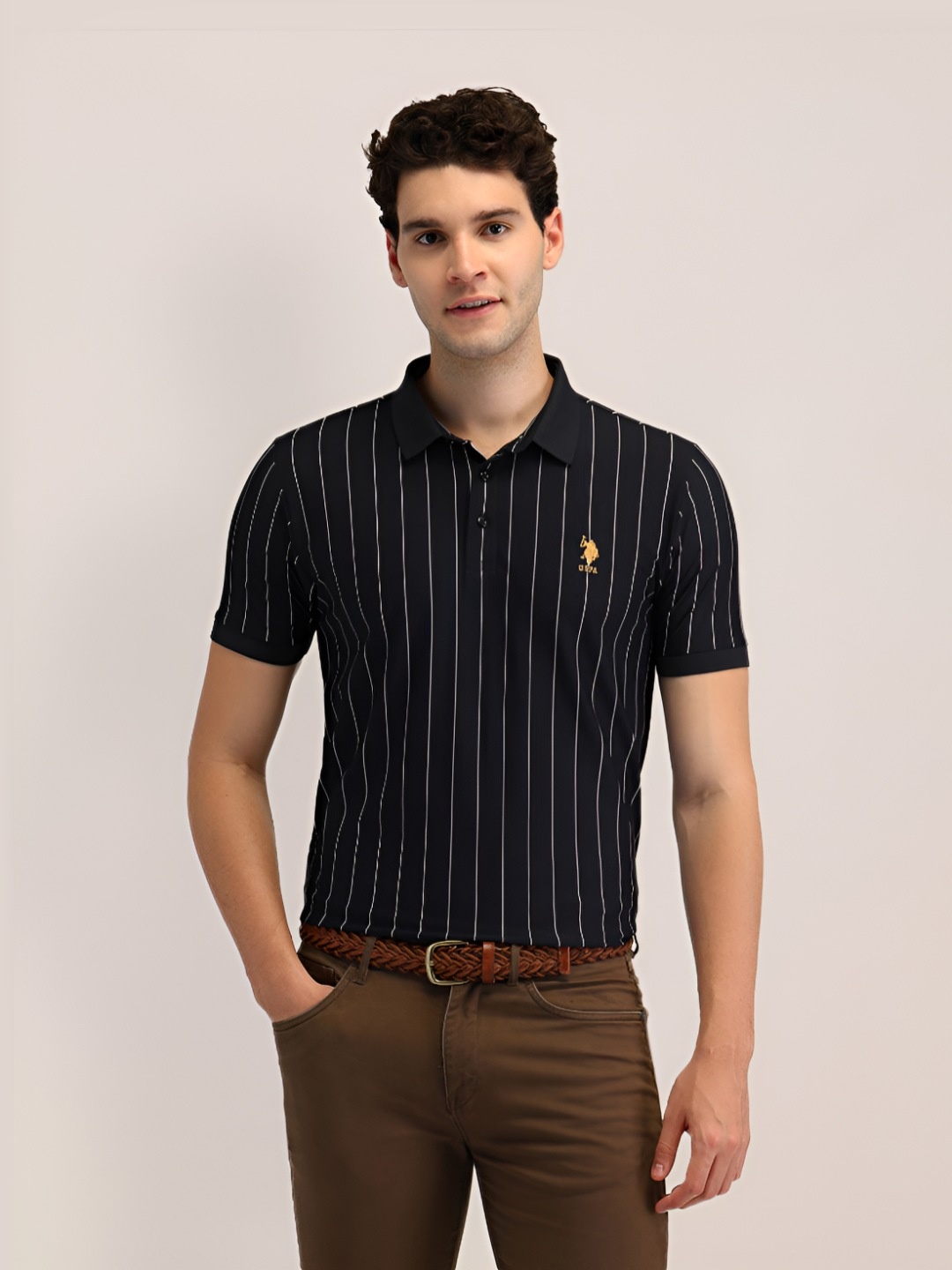 

U.S. Polo Assn. Men Brand Logo Striped Polo Collar Slim Fit T-shirt, Black