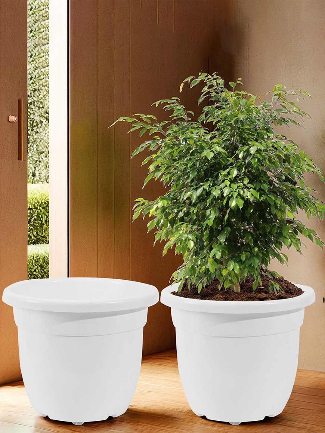 

Kuber Industries White 2 Pieces Flower Pot With Removable Wheels