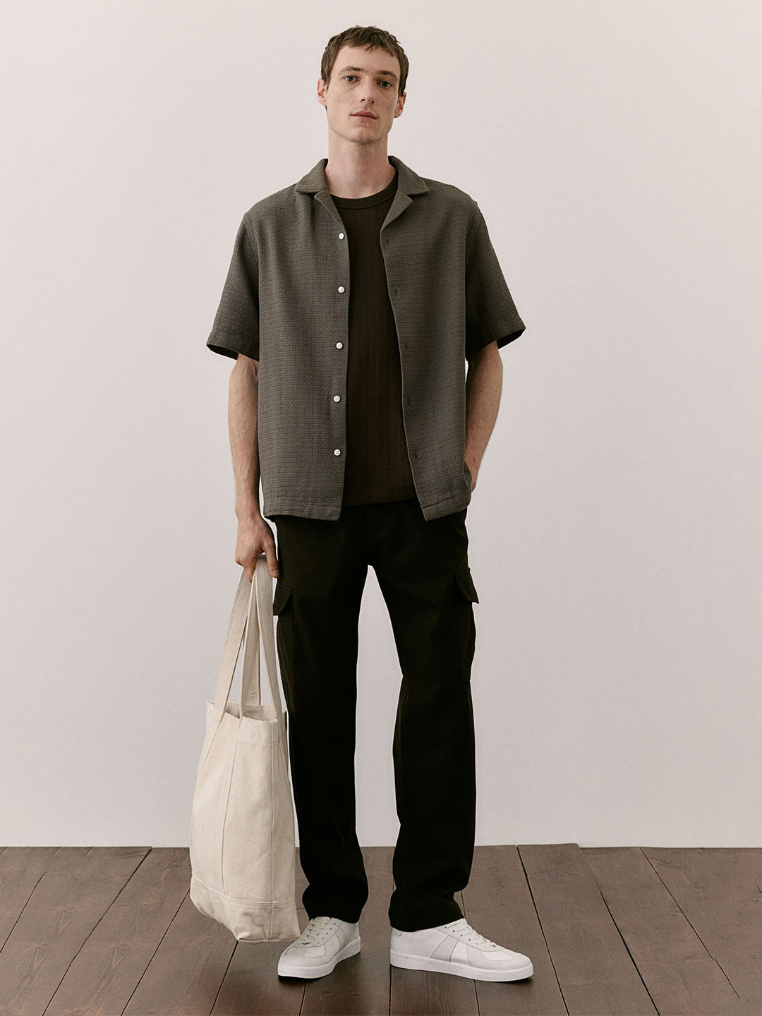 

H&M Men Textured Pure Cotton Resort Shirt, Green
