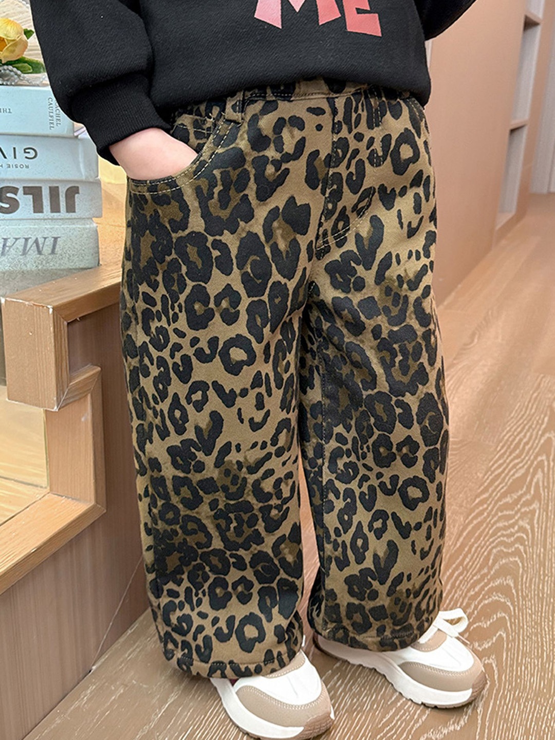 

LULU & SKY Girls Animal Printed Straight Fit High-Rise Trousers, Brown