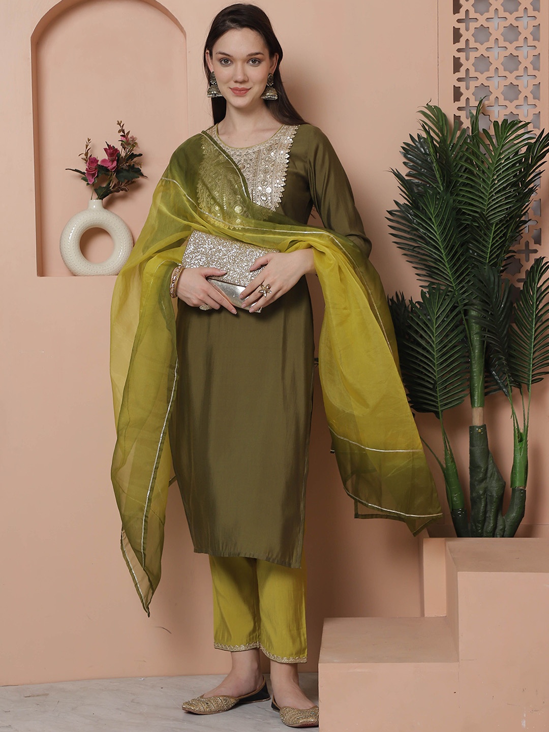 

Roly Poly Women Floral Yoke Design Regular Sequinned Kurta with Trousers & With Dupatta, Green