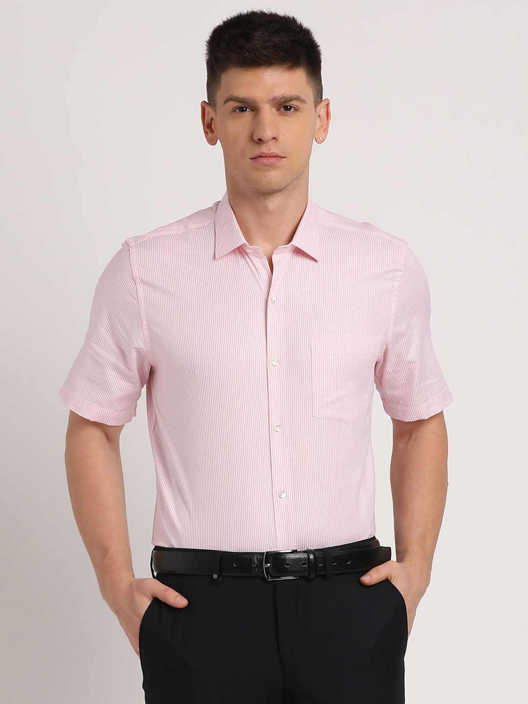 

Turtle Men Standard Slim Fit Opaque Striped Formal Shirt, Pink