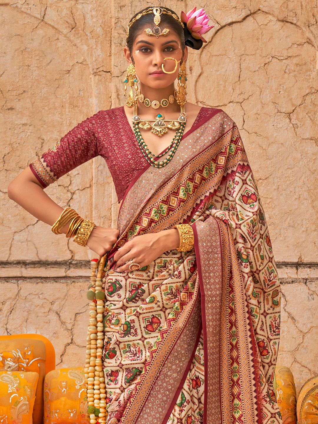 

Anouk Woven Design Beads and Stones Silk Blend Patola Saree, Cream