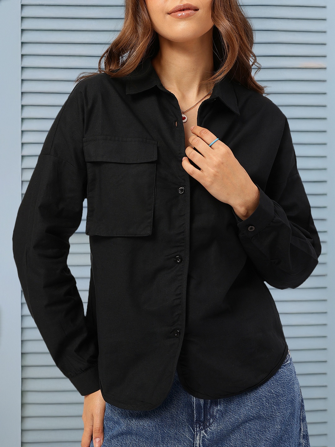 

DressBerry Midnight Muse Chest Pocket Detail Shirt, Black