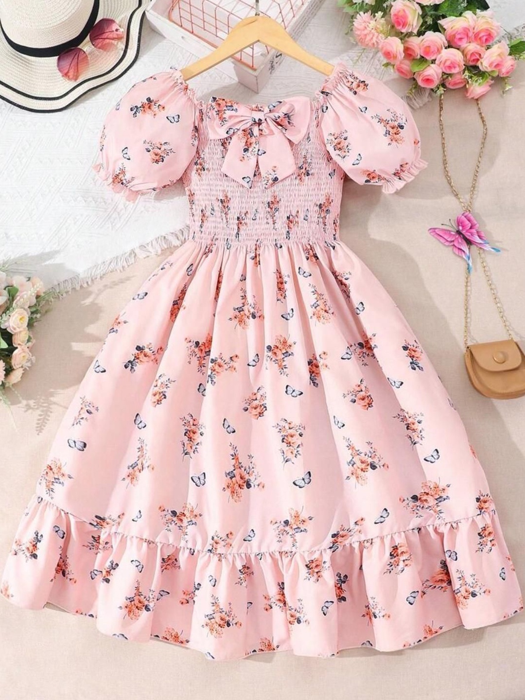 

Miss & Chief Girls Floral Printed Smocked Fit & Flare Maxi Dress, Orange