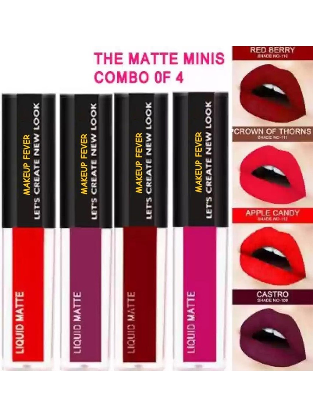 

MAKEUP FEVER Set Of 4 Liquid Matte Lipstick - 8 ml Each -100 - 110 - 111 - 112, Red