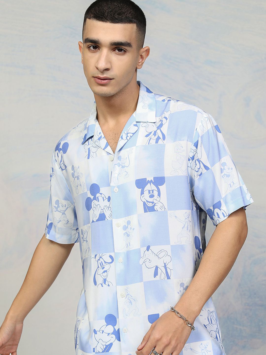 

HIGHLANDER Disney Men Mickey Printed Cuban Collar Viscose Relaxed Shirt, Blue